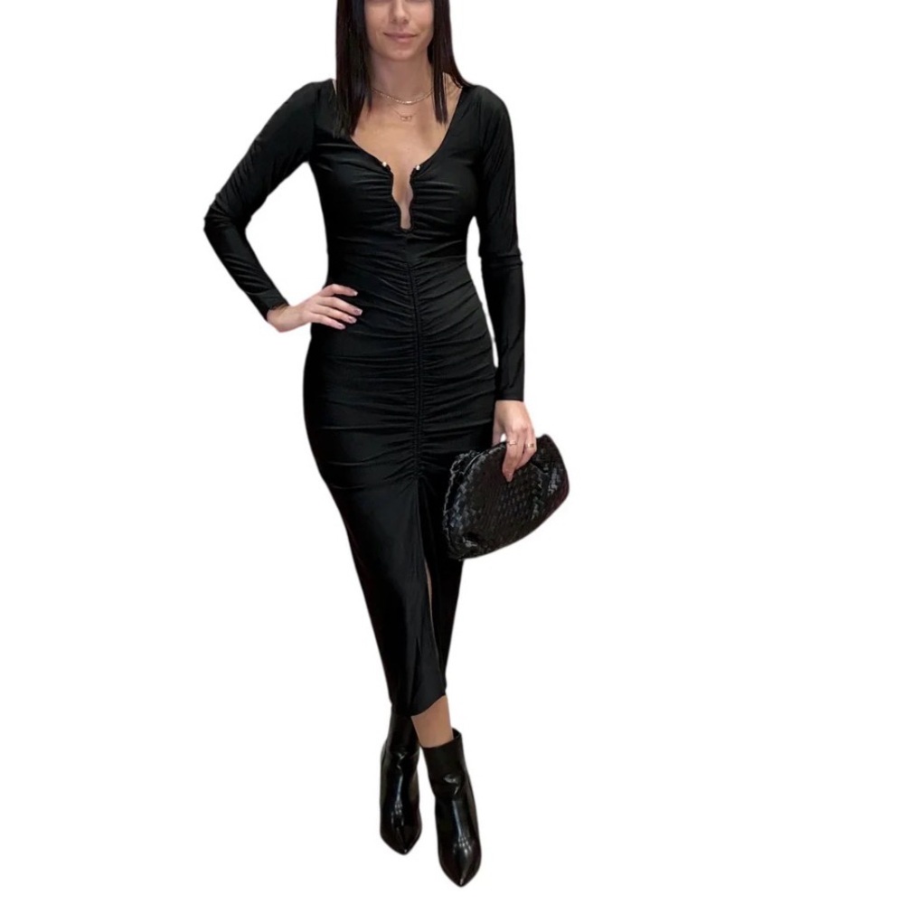 Chic Black Long Sleeve Ruched Dress